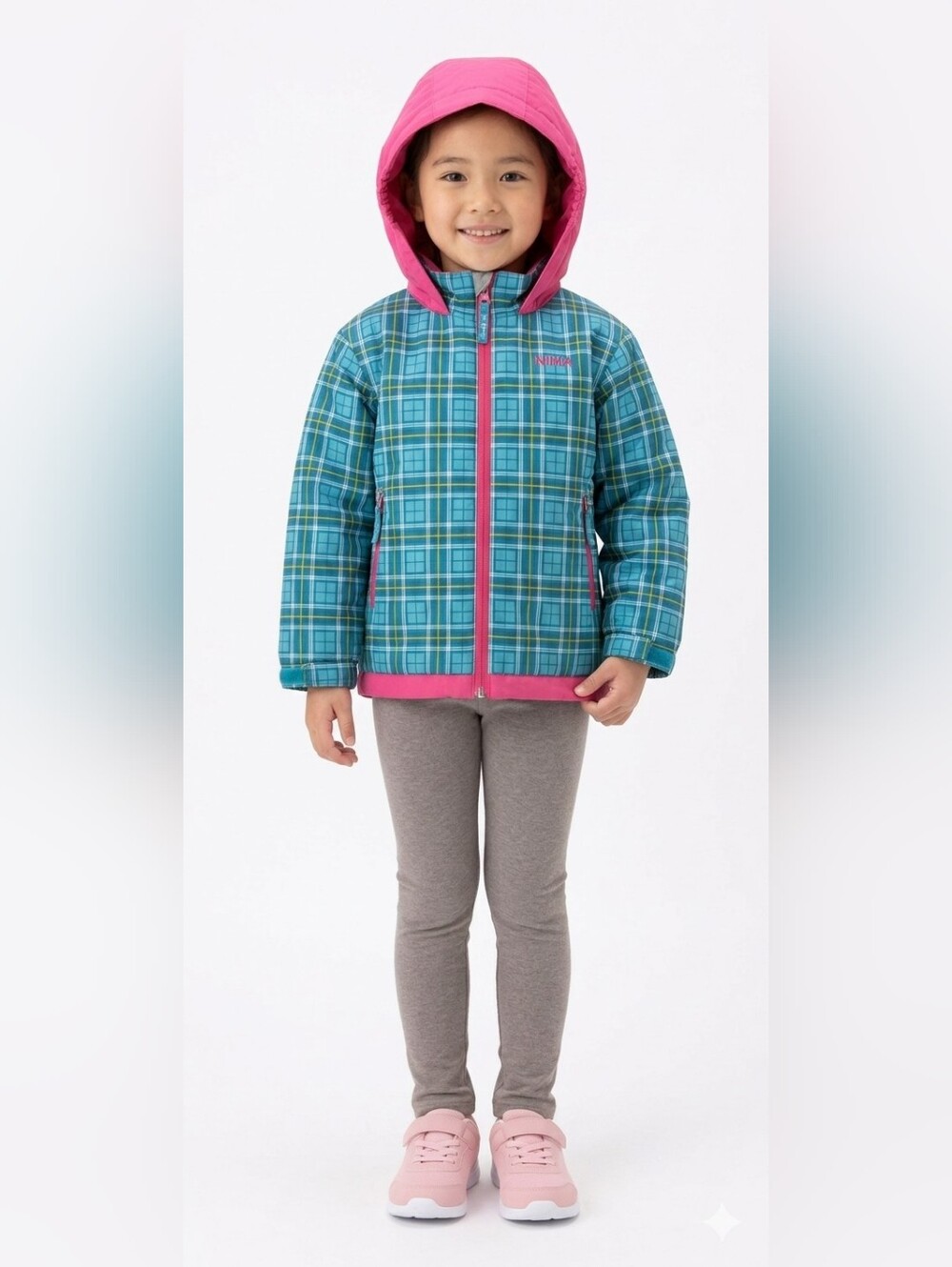 NIMA Kids Plaid Puffer Jacket Size 120 (6-7Y) Blue Pink Hooded Fleece Lined Rain